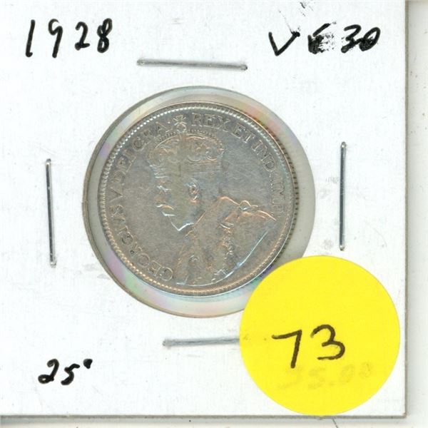 1928 Canada Silver 25 Cents Coin.