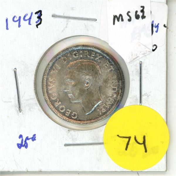 1943 Canada Silver 25 Cents Coin.