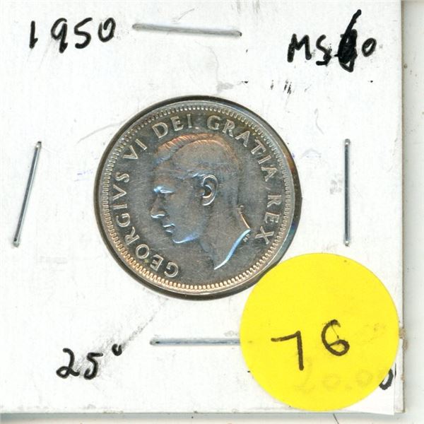 1950 Canada Silver 25 Cents Coin.