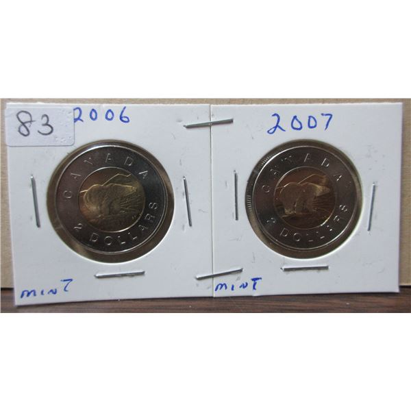 canadian toonies, 2006 & 2007, mint