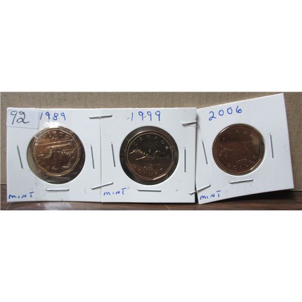 3 various canadian loonies, 1989, 1999,2006 mint