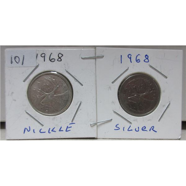 2x 1968 canadian quarters, silver and nickle