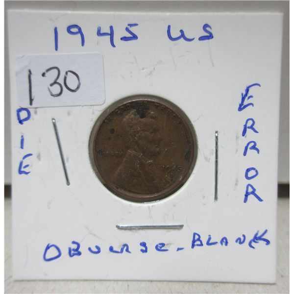 1945 U.S lincoln penny, error, obverse is blank