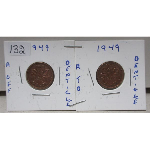 2x1949 canadian small cent , A off & A to denticles