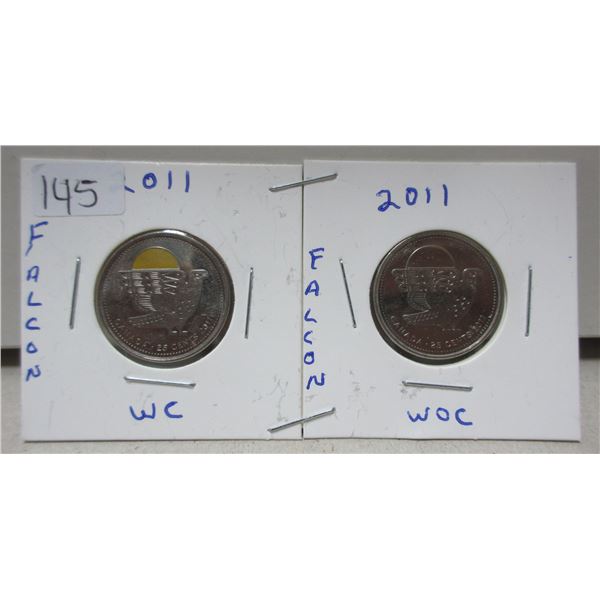 2x2011 canadian quarters, falcon with colour & without