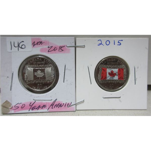 2x2015 canadian quarters, canadian flag( coloured/ non- coloured)