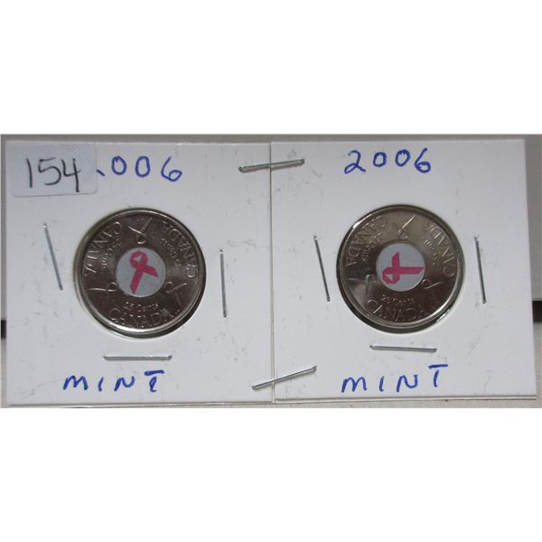 2x2006 canadian quarters, breast cancer ribbons in colour