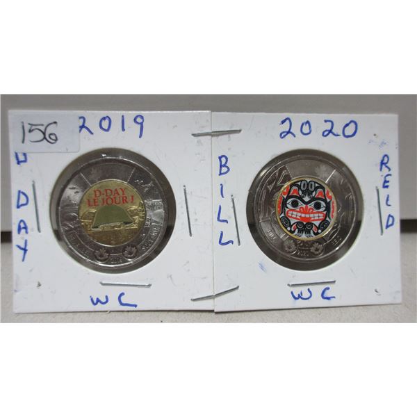 2x2019-2020 canadian toonies, D-day & bill reid in colour