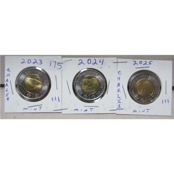 3x 2023-2025 canadian toonies , prince charles III, mint