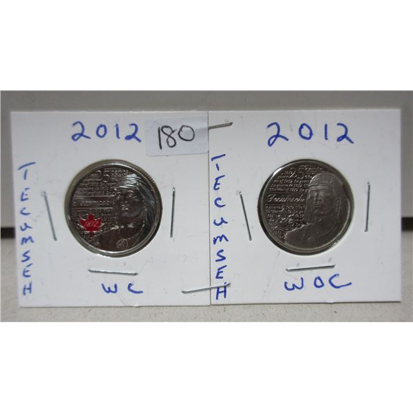 2x2012 canadian quarters, tecumseh coloured / non-coloured