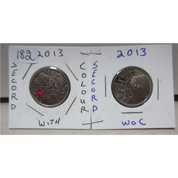 2x2013 canadian quarters, secord colored/ non-colored