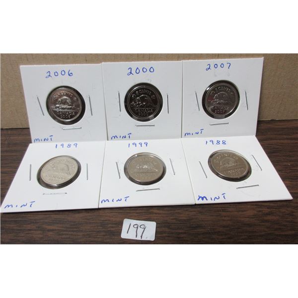 6 various nickles, 1989-2007, mint