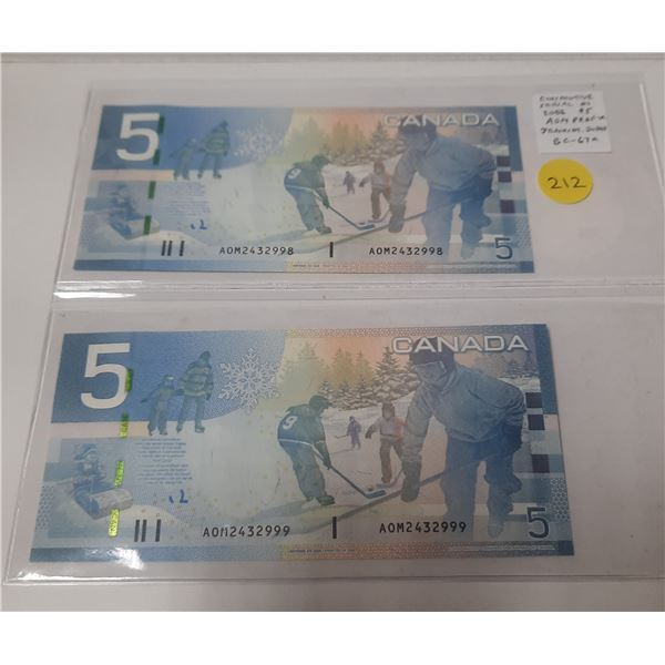 2-2006 $5.00 Bills (Consecutive Serial Numbers) UNCIRCULATED