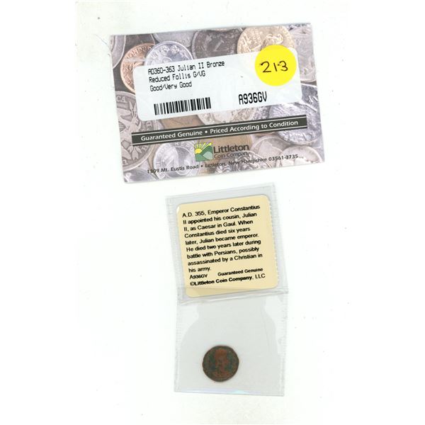 1-Ancient Roman Coin-Julian II Bronze Reduced Follis-Graded-G/VG (Good/Very Good) (AD 360-363)