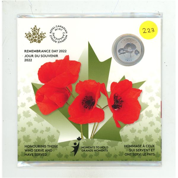 1-2022 $5.00 Dollar Silver Coin (Remembrance Day 2022) ¼ Ounce Pure Silver