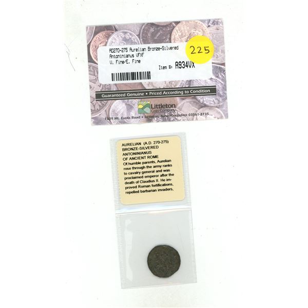 1-Ancient Roman Coin-Aurelian, (AD 270-275)-Silvered Bronze-Graded V. Fine/E.Fine