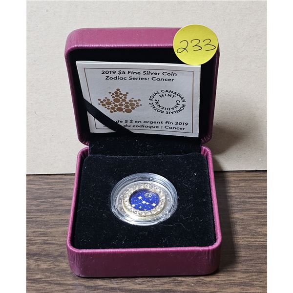 2019 5 Dollar Fine Silver Coin "Zodiac Series: Cancer". Royal Canadian Mint