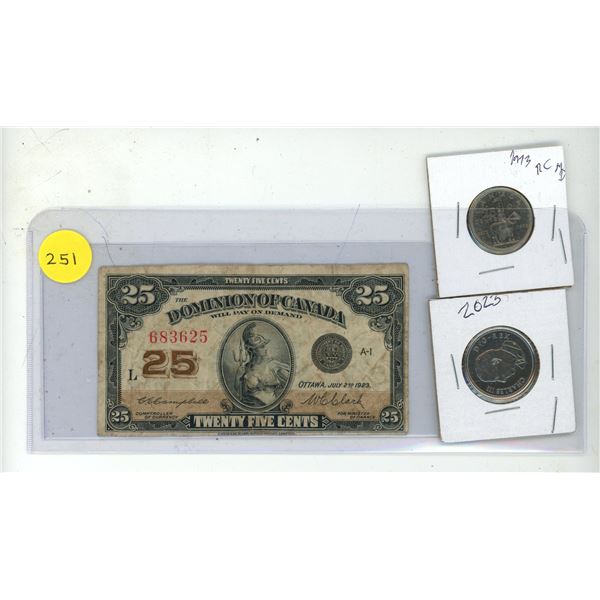 1923 Dominion of Canada Shinplaster, 1973 Canada 25 Cents and 2023 Canada 50 Cents Coin.