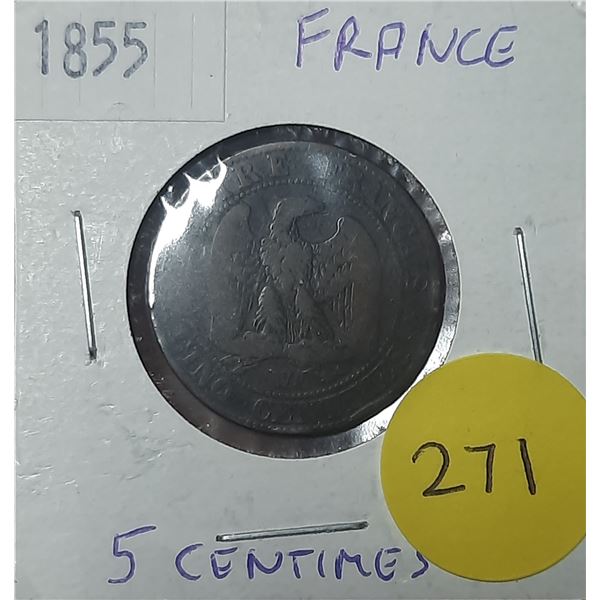 1855 French 5 Centimes Coin.