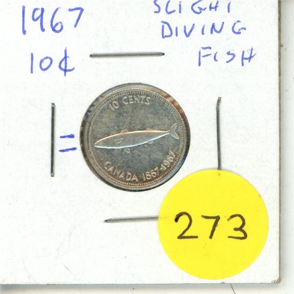 1967 Canadian Silver 10 Cents -Slight Diving Fish.