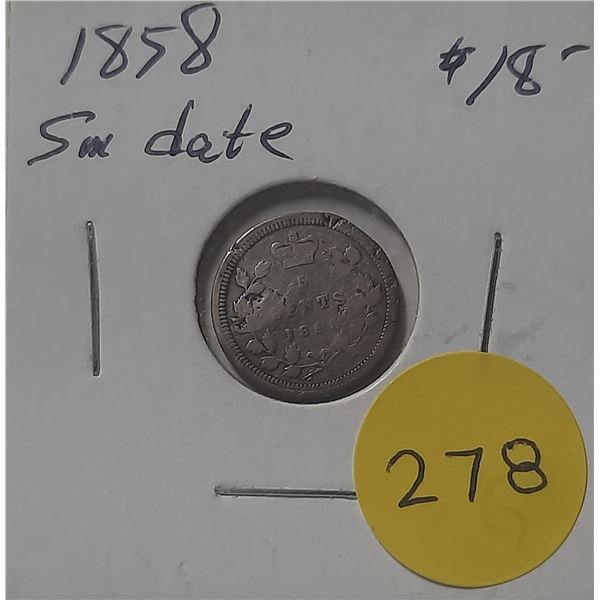 1858 Canada Silver 5 Cents Coin.