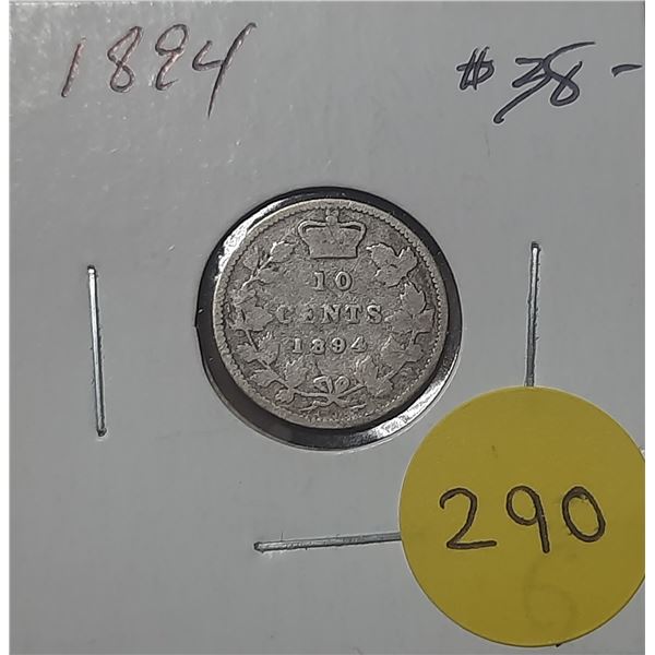 1894 Canada Silver 10 Cents Coin.