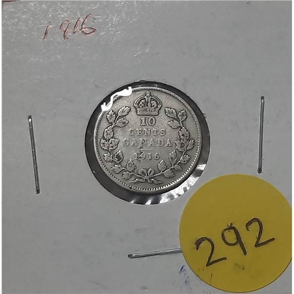 1916 Canada Silver 10 Cents Coin.