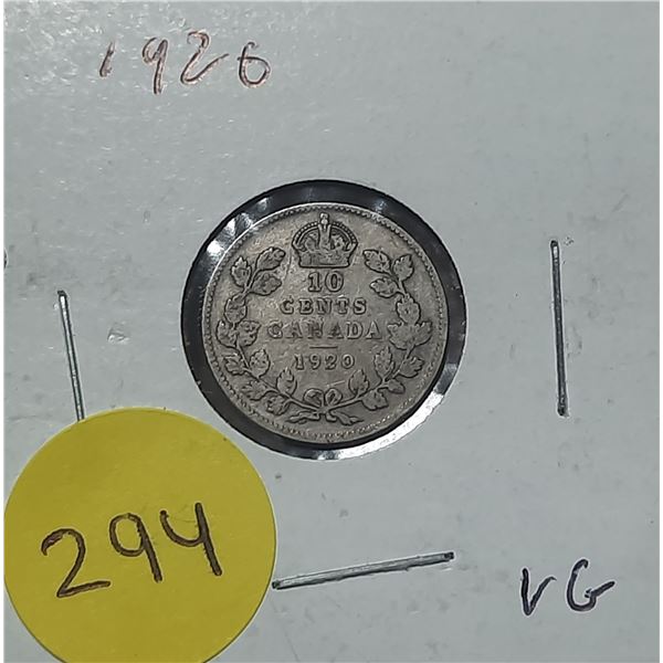 1920 Canada Silver 10 Cents Coin.