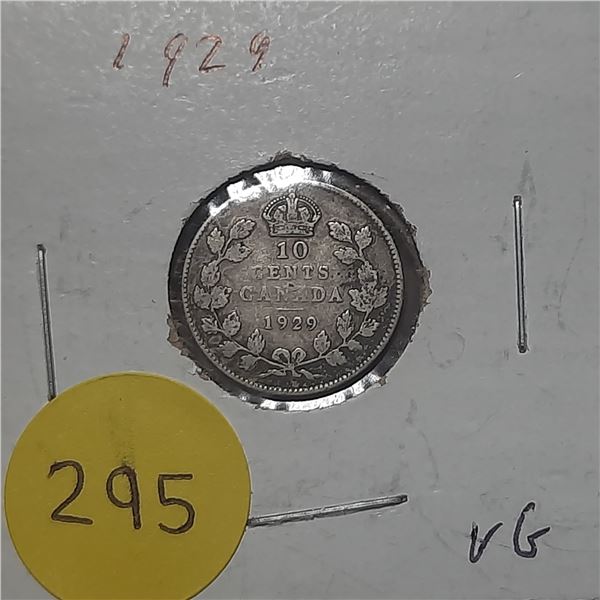 1929 Canada Silver 10 Cents Coin.