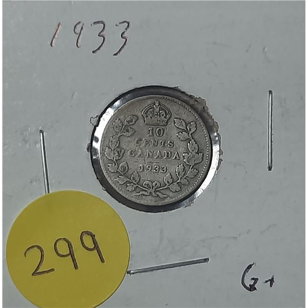 1933 Canada Silver 10 Cents Coin.