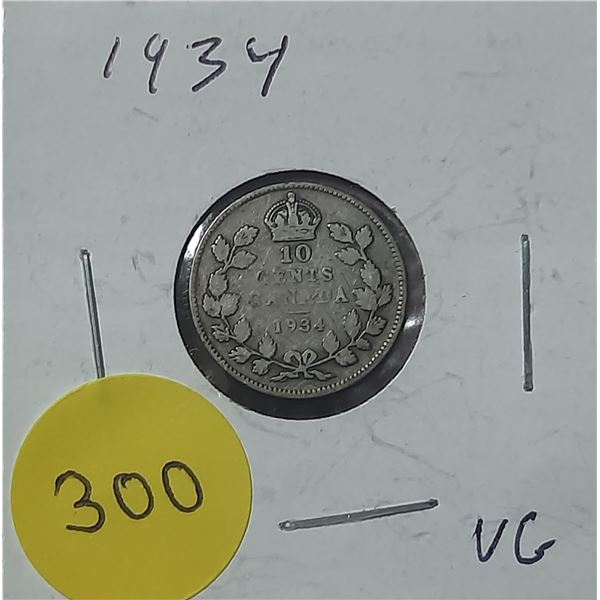 1934 Canada Silver 10 Cents Coin.