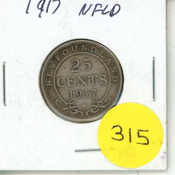 1917 New Foundland Silver 25 Cents Coin.