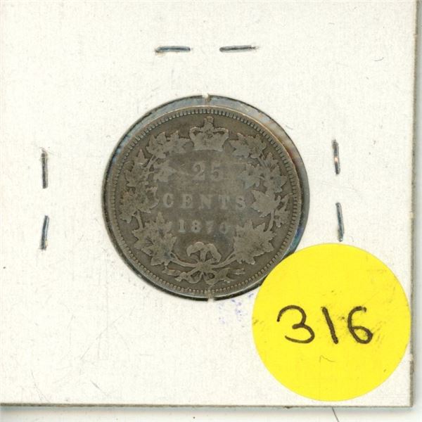 1870 Canada Silver 25 Cents Coin.