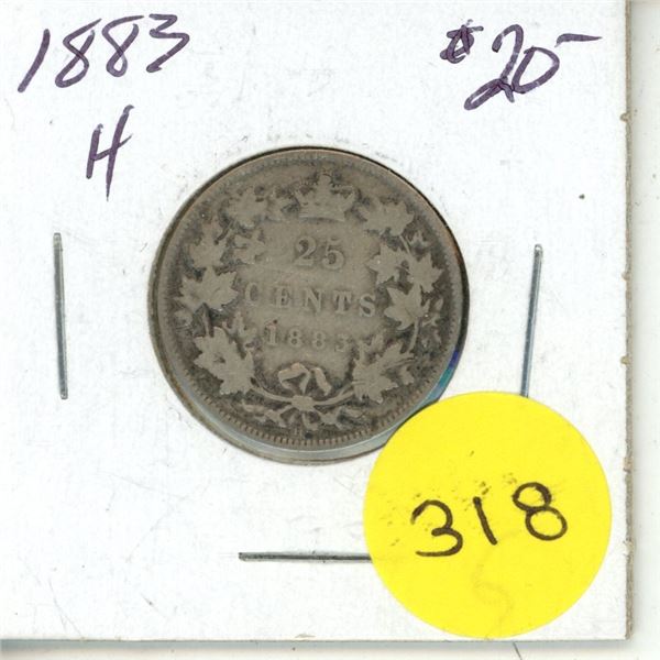 1883 H Canada Silver 25 Cents Coin.