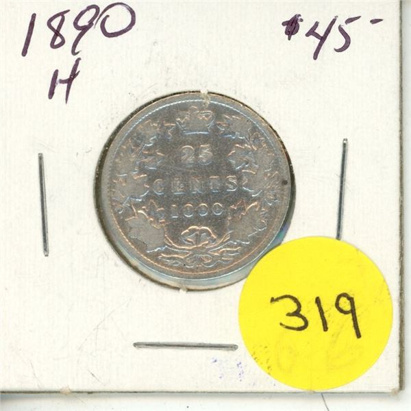 1890 H Canada Silver 25 Cents Coin.