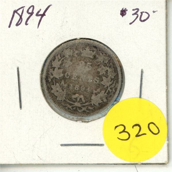 1894 Canada Silver 25 Cents Coin.