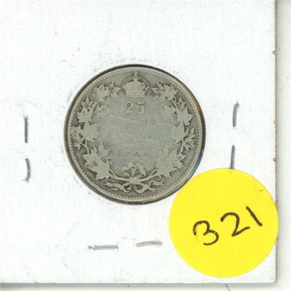 1927 Canada Silver 25 Cents Coin.