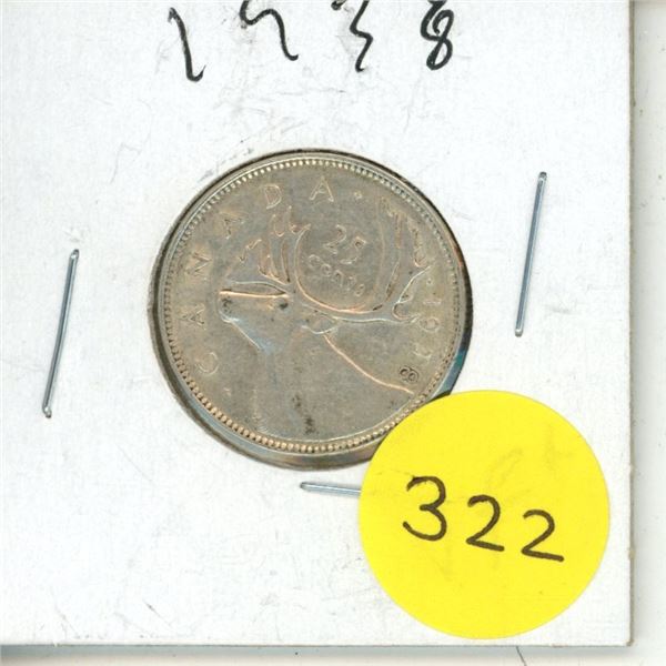 1938 Canada Silver 25 Cents Coin.