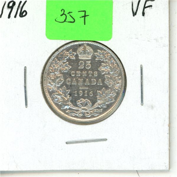 1916 Canadian Large Silver 25 Cents