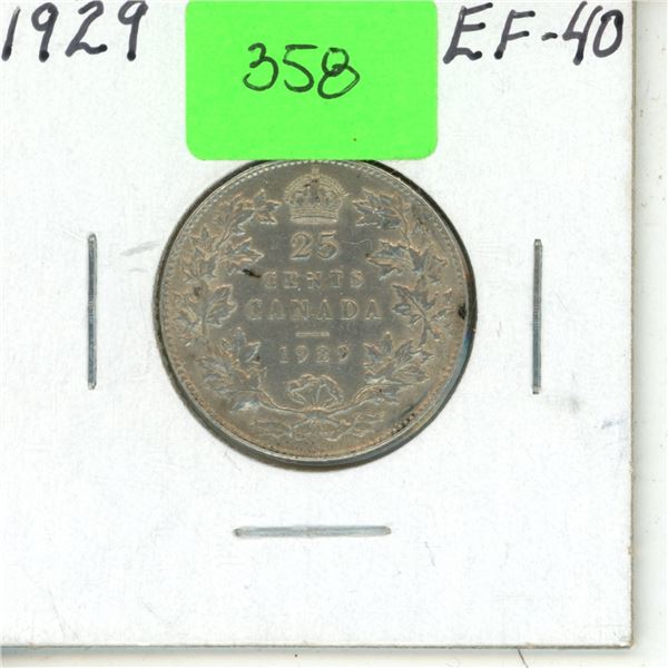 1929 Canadian Large Silver 25 Cents