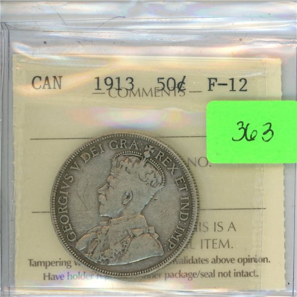 ICCS Graded 1913 Large Canadian 50 Cents Graded F-12