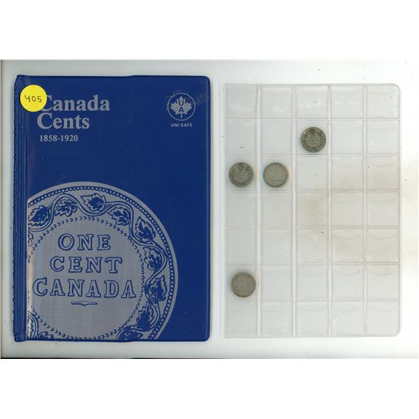 Canada Cents Empty Book and 1933, 1936, 1937, 1950 Canada Silver 10 Cents Coins.