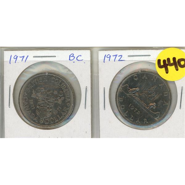 (2) Canadian One Dollar Coins. 1971 "British Columbia", 1972 "Voyageur"