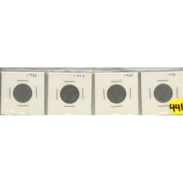 (4) Canadian Yearly Sequential Five Cent Coins.  1933,1934,1935,1936