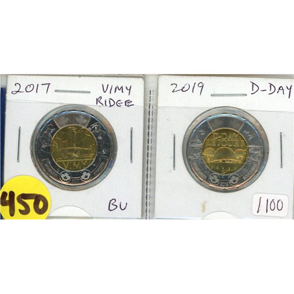 (2) Canadian Two Dollar Coins.  2017 "Vimy Ridge", 2019 "D-Day"