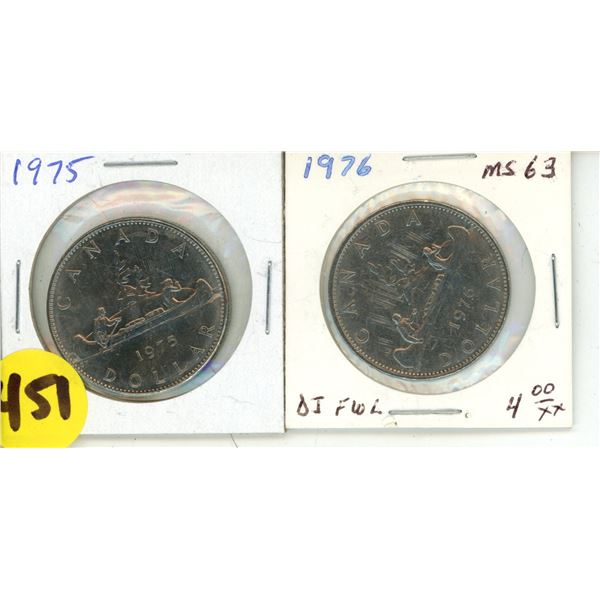 (2) Canadian Voyageur One Dollar Coin (1975, 1976  M-63)
