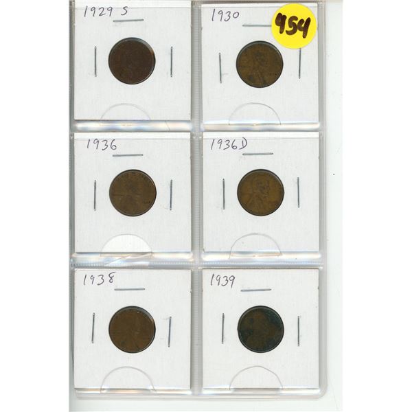 (6) US One Cent Lincoln Wheat Penny. 1929 S, 1930, 1936, 1936 D, 1938, 1939