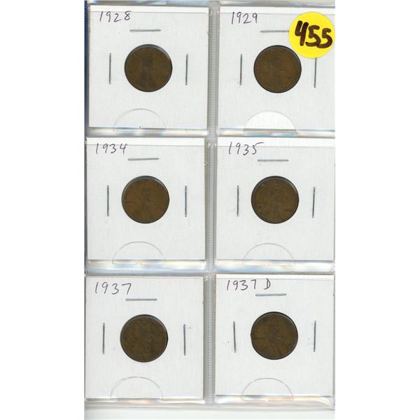 (6) US One Cent Lincoln Wheat Penny. 1928, 1929, 1934, 1935, 1937, 1937 D