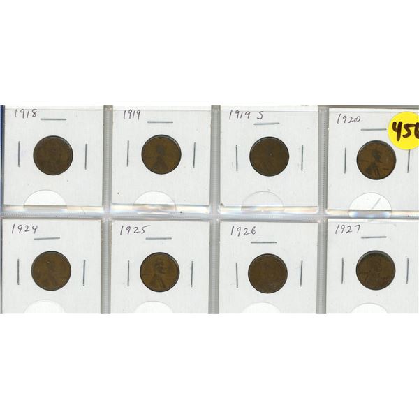 (8) US One Cent Lincoln Wheat Penny. 1918,1919,1919 S, 1920, 1924, 1925, 1926, 1927