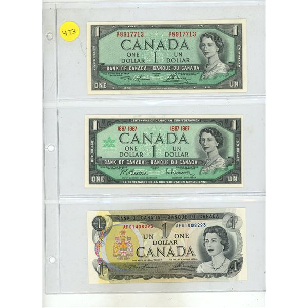 1954, 1967, 1973 Canada One Dollars. (Uncirculated)